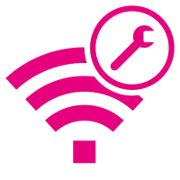 Magenta WLAN-Symbol mit Schraubenschlüssel als Icon für WLAN-Einstellungen oder Reparatur.