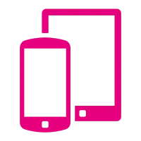 Zwei stilisierte, magentafarbene Icons von Smartphone und Tablet auf schwarzem Hintergrund.