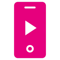 Symbol eines pinken Smartphones mit Play-Button für mobile Videowiedergabe und Streaming.
