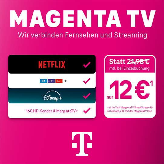 MagentaTV verbindet Fernsehen und Streaming mit Netflix, RTL+ und Disney+ in einem Paket.