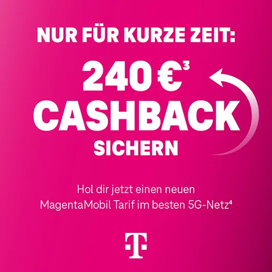 Magenta Werbebanner: nur kurze Zeit Cashback sichern, MagentaMobil 5G-Tarif
