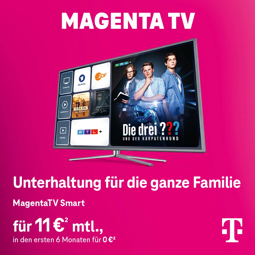 MagentaTV Smart Werbung: TV mit Streaming-Apps und Filmcover auf pinkem Hintergrund