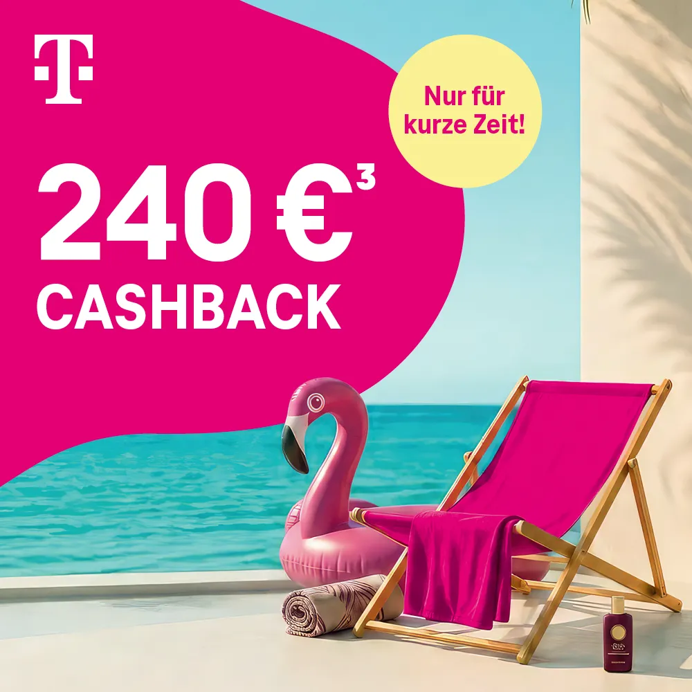 Telekom Cashback-Aktion: Liegestuhl am Strand mit Flamingo-Schwimmring