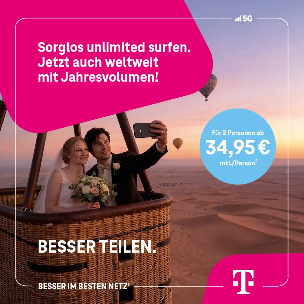 Brautpaar im Heißluftballon macht Selfie, Werbung für 5G unlimited surfen.